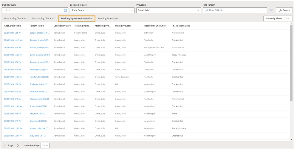 Awaiting Signature Attestation list showing patient examples and a yellow highlight box around the tab.